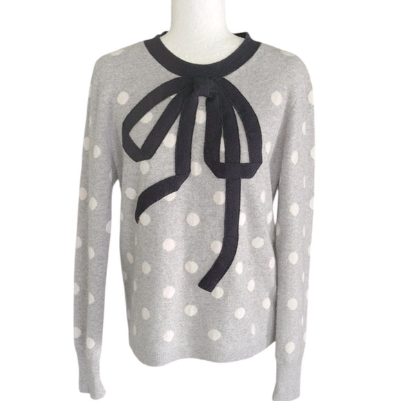 J. Crew Heather Gray Cashmere Navy Bow Detail Polka Dot Crewneck Sweater - M - Picture 4 of 14